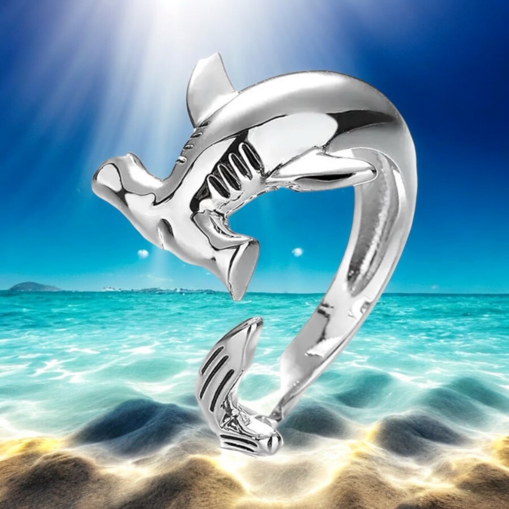 Silver Hammerhead Shark Adjustable Ring with Modern Design